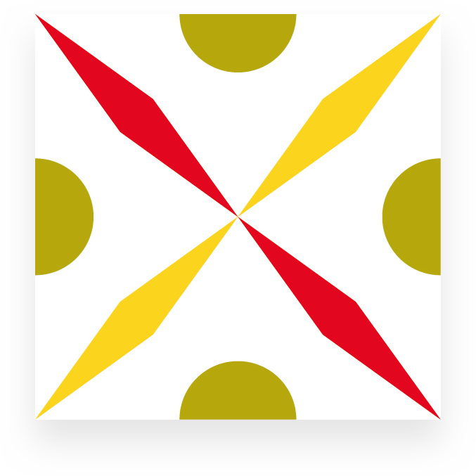Base tile · red & yellow toothpick cross with olive corner dots