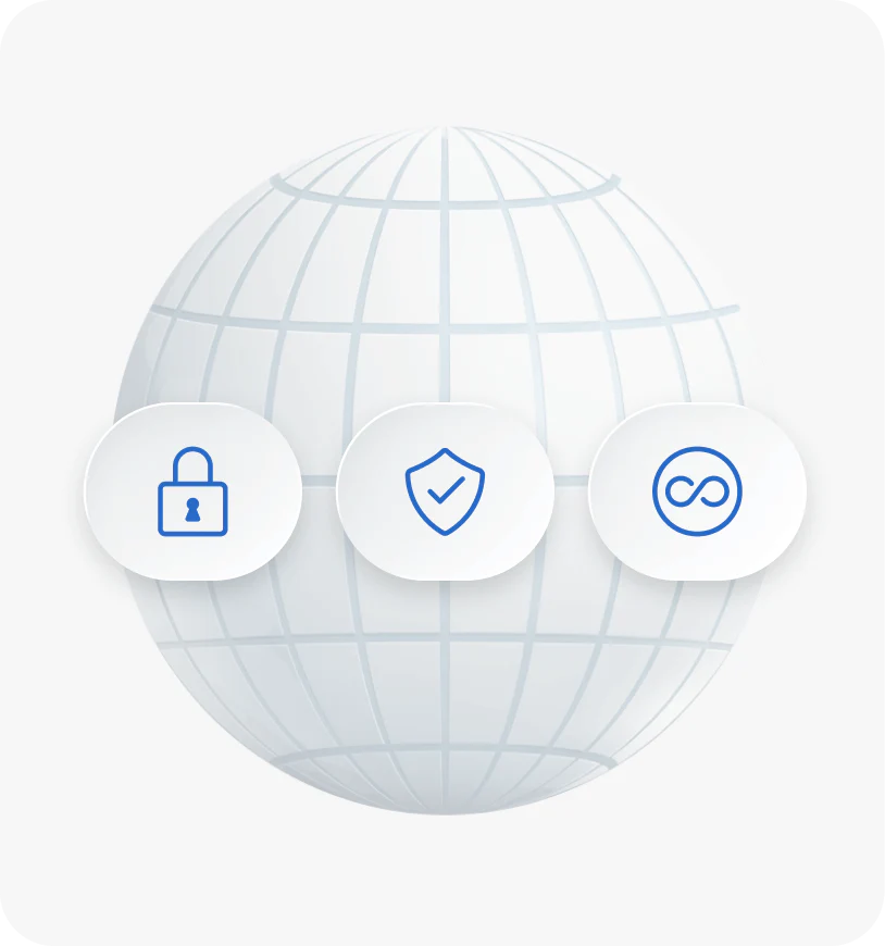 A faint dotted globe with three trust pills: lock, shield, infinity.